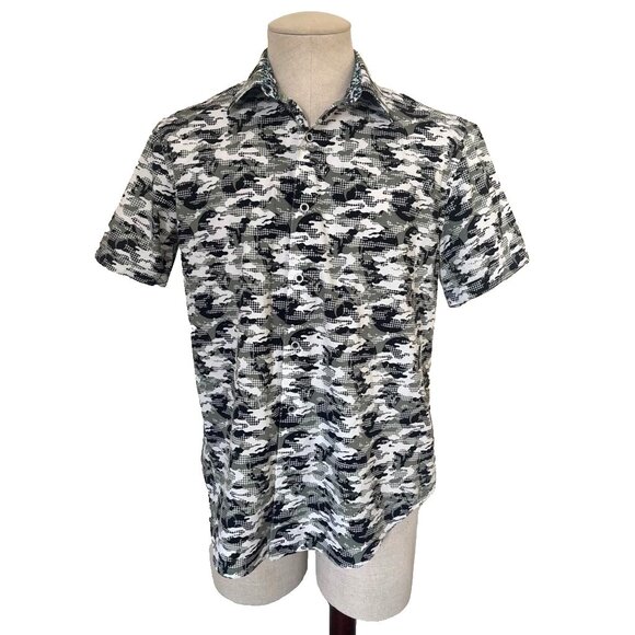 ROBERT GRAHAM Short Sleeve Shirt Mens Size Medium Gray Green Camo Print - Picture 1 of 9